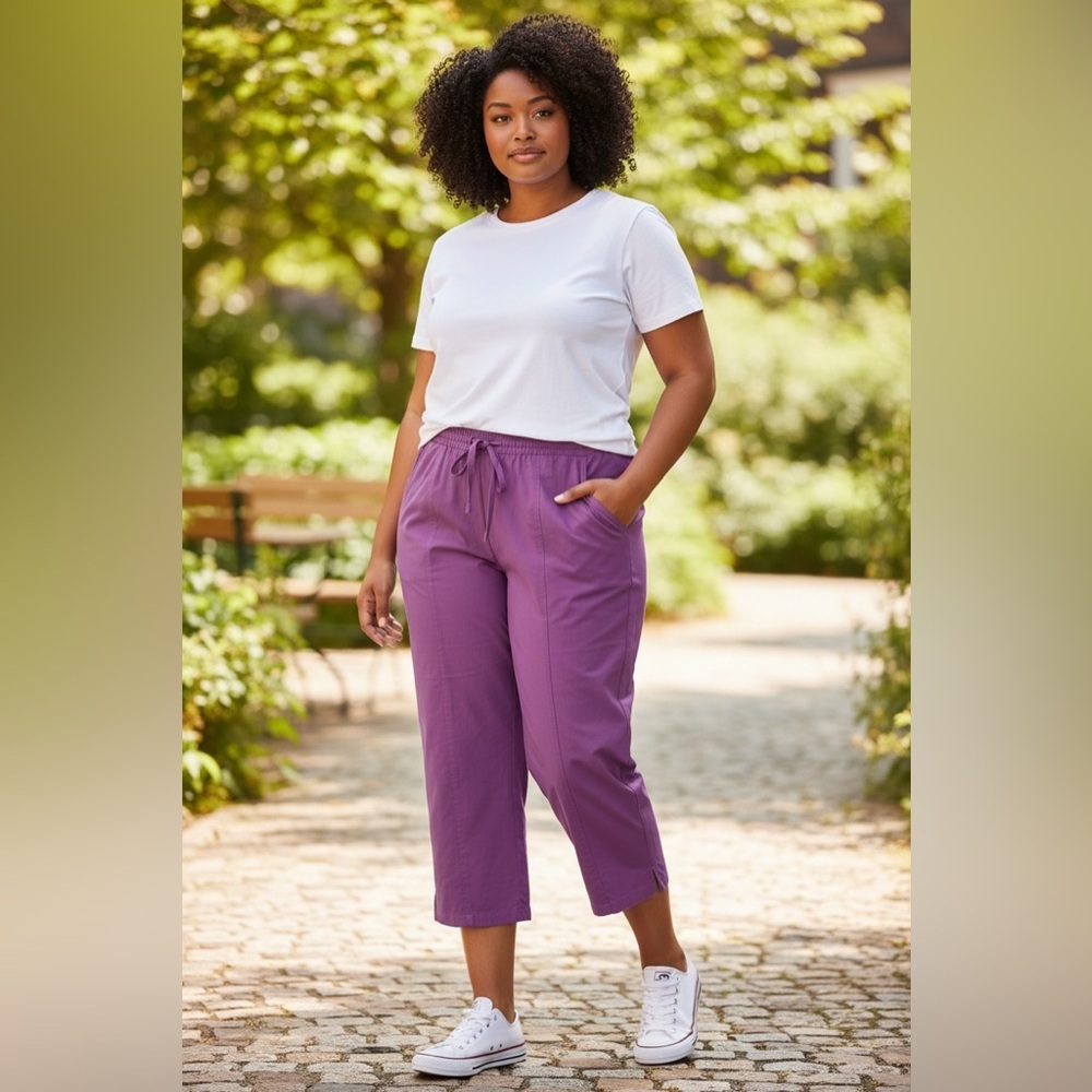 Easy Essentials 100% COTTON CAPRI W/ DRAWSTRING in Purple Orchid Plus
